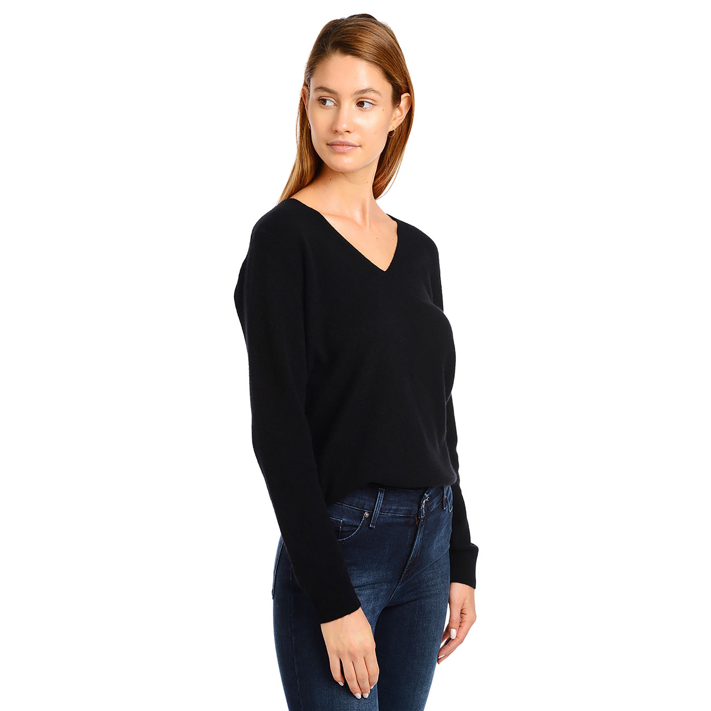 Women wearing Noir Cashmere V-Neck Willow Sweater