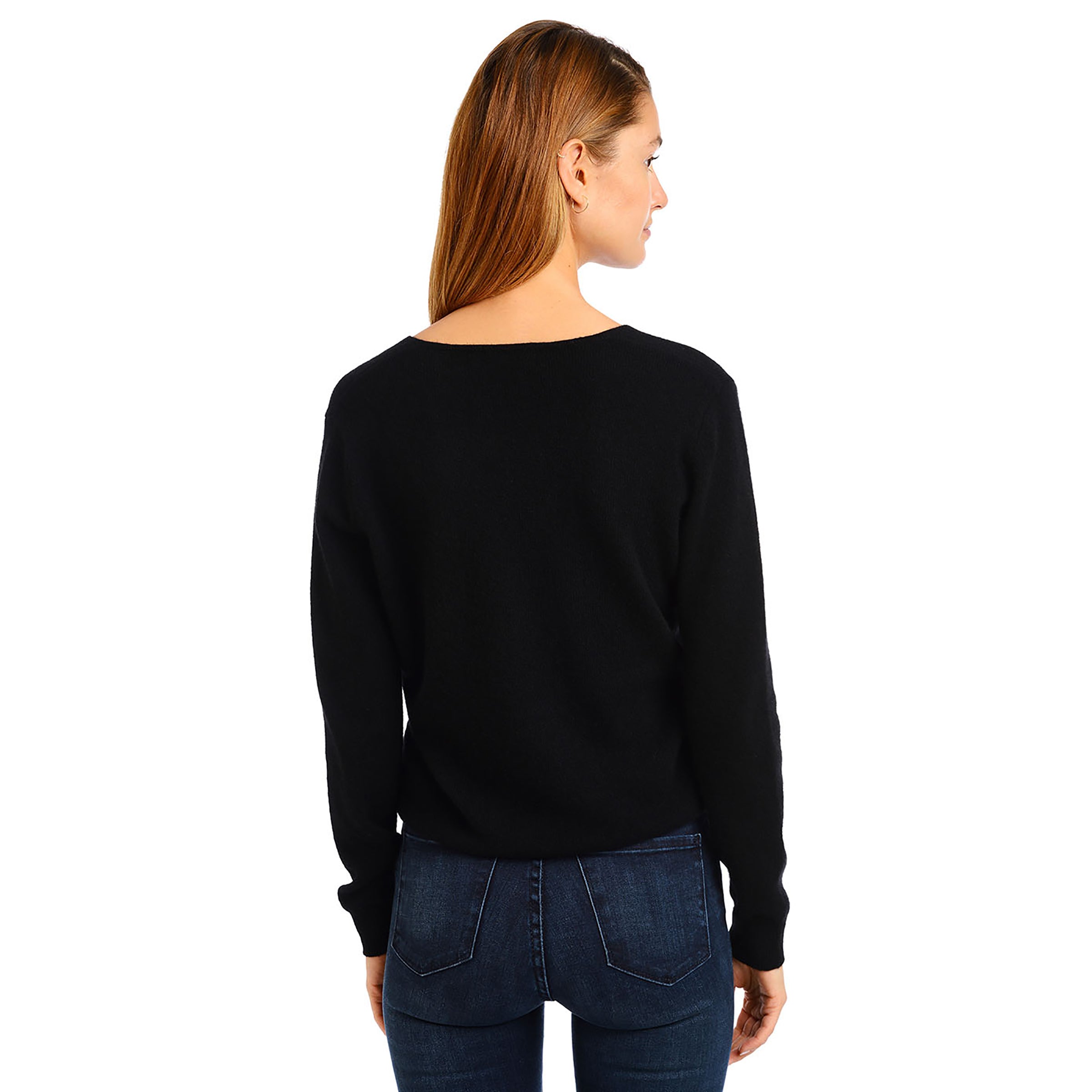 Women wearing Black Cashmere V-Neck Willow Sweater