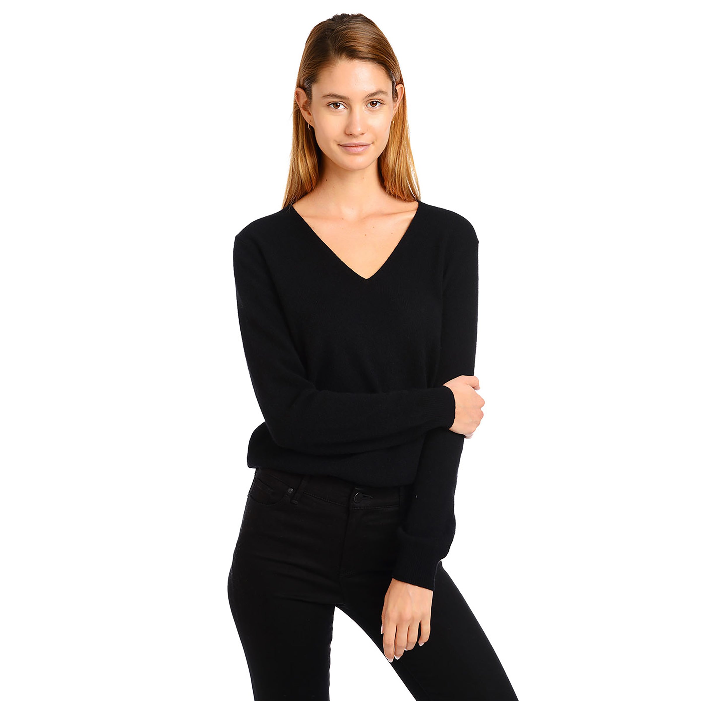 Women wearing Black Cashmere V-Neck Willow Sweater