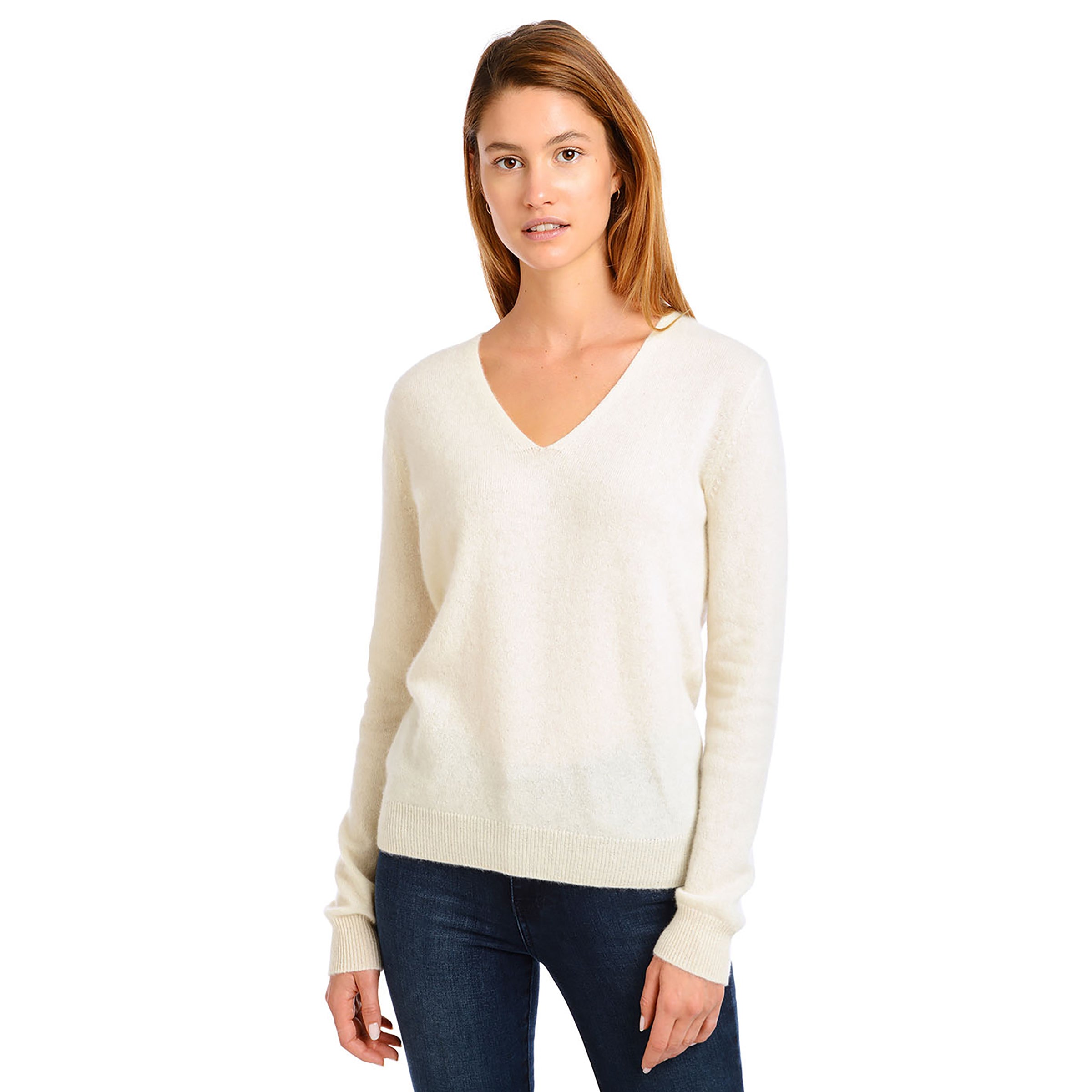 Women wearing Cream Cashmere Oversized V-Neck Willow Sweater