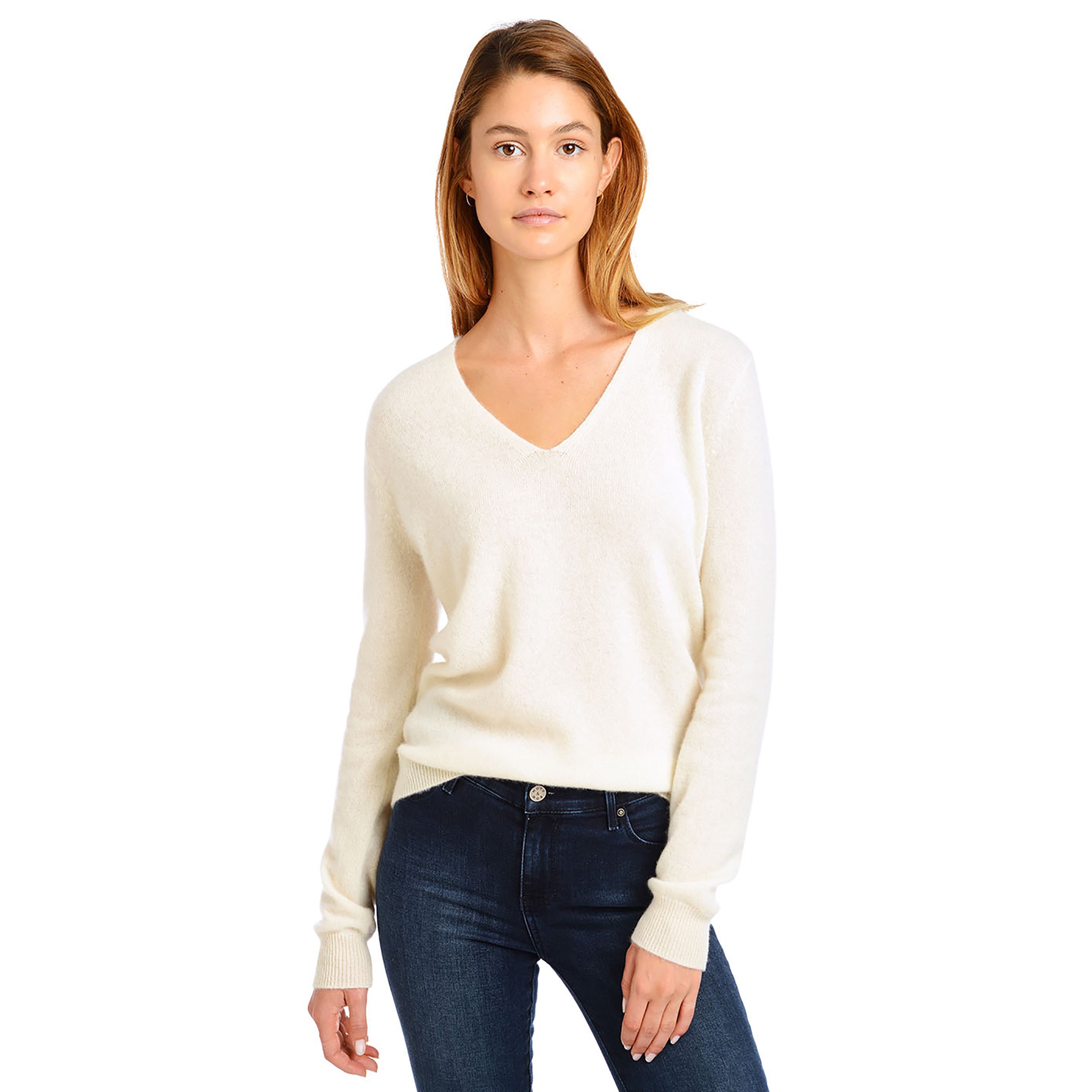 Women wearing Cream Cashmere V-Neck Willow Sweater