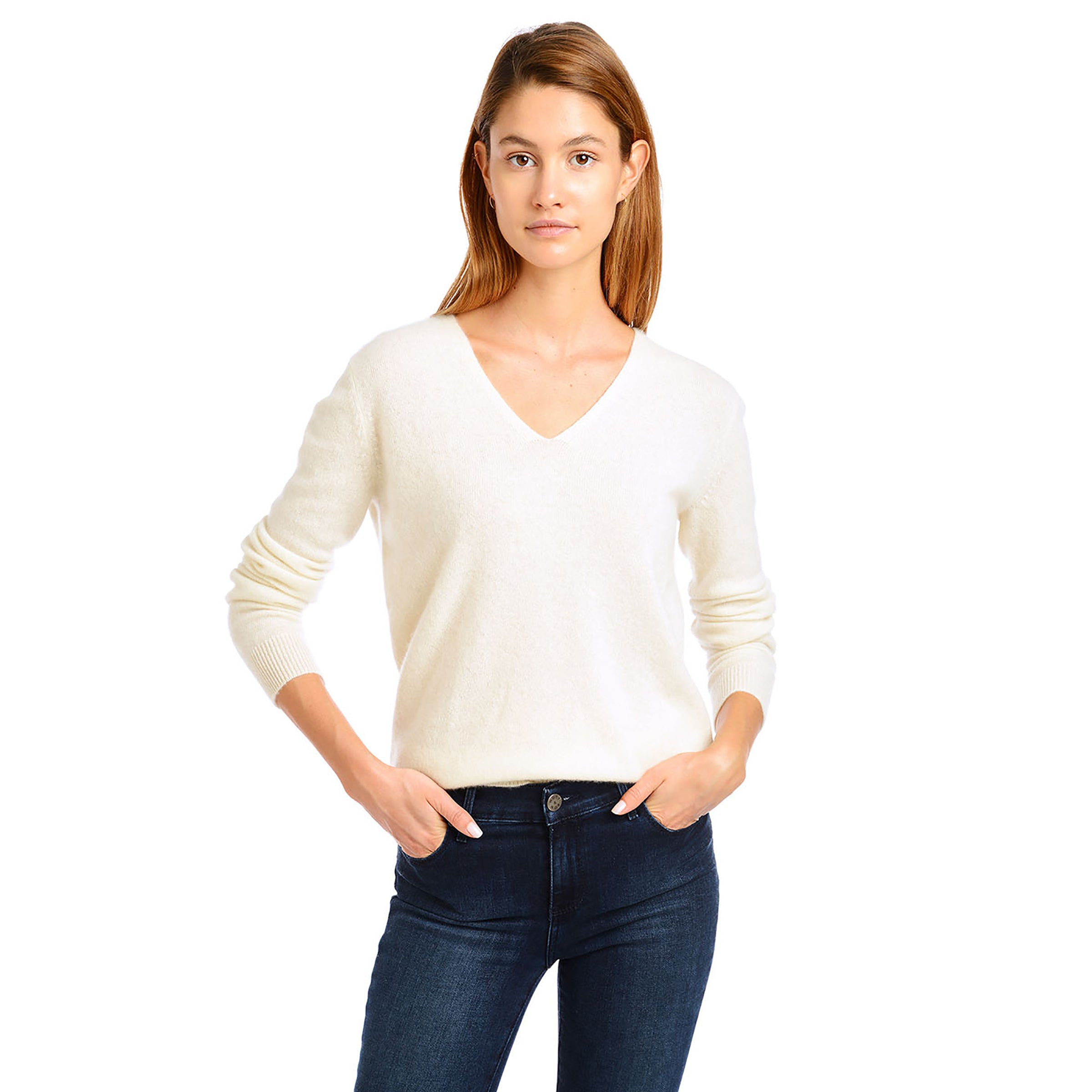 Women wearing Crème Cashmere V-Neck Willow Sweater